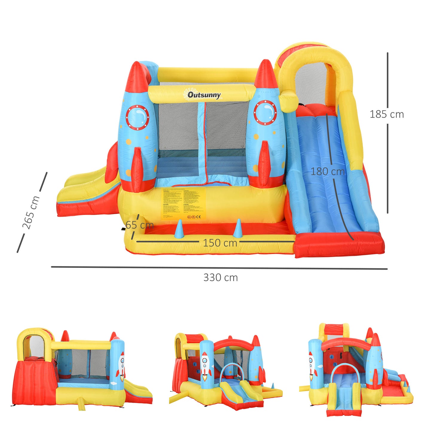 Outsunny Bounce Castle Inflatable Trampoline Slide Pool Rocket Design 3.4 x 2.8 x 1.85m