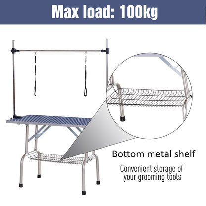 Pawhut Adjustable Dog Grooming Table Rubber Top 2 Safety Slings Mesh Storage Basket Heavy Metal Blue 107 X 60 X 170cm