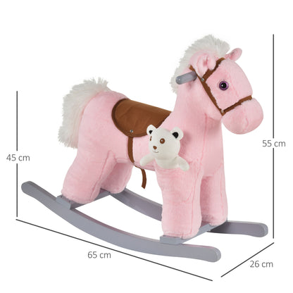 Homcom Kids Plush Ride-On Rocking Horse Toy Rocker with Plush Toy Realistic Sounds for Child 18-36 Months Pink