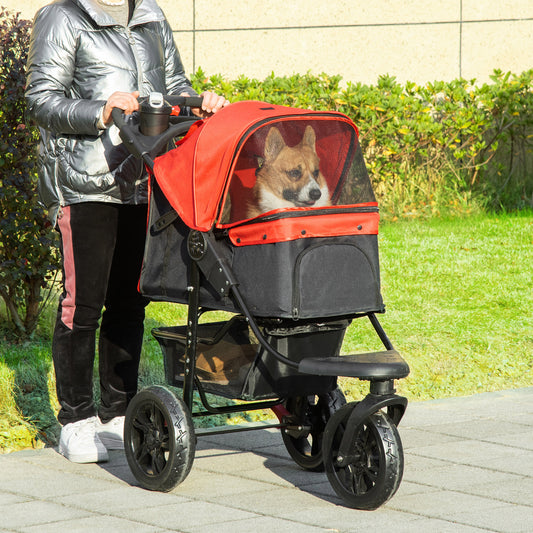 Pawhut Oxford Cloth Folding 3-Wheel Pet Stroller Dog Trolley Red/Black