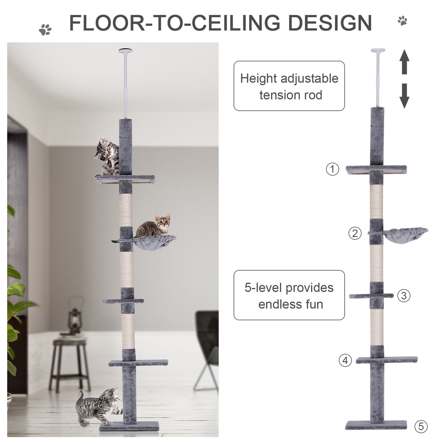 PawHut Floor to Ceiling Cat Tree for Indoor Cats 5-Tier Kitty Tower Climbing Activity Center Scratching Post Adjustable Height 230-260 cm Grey