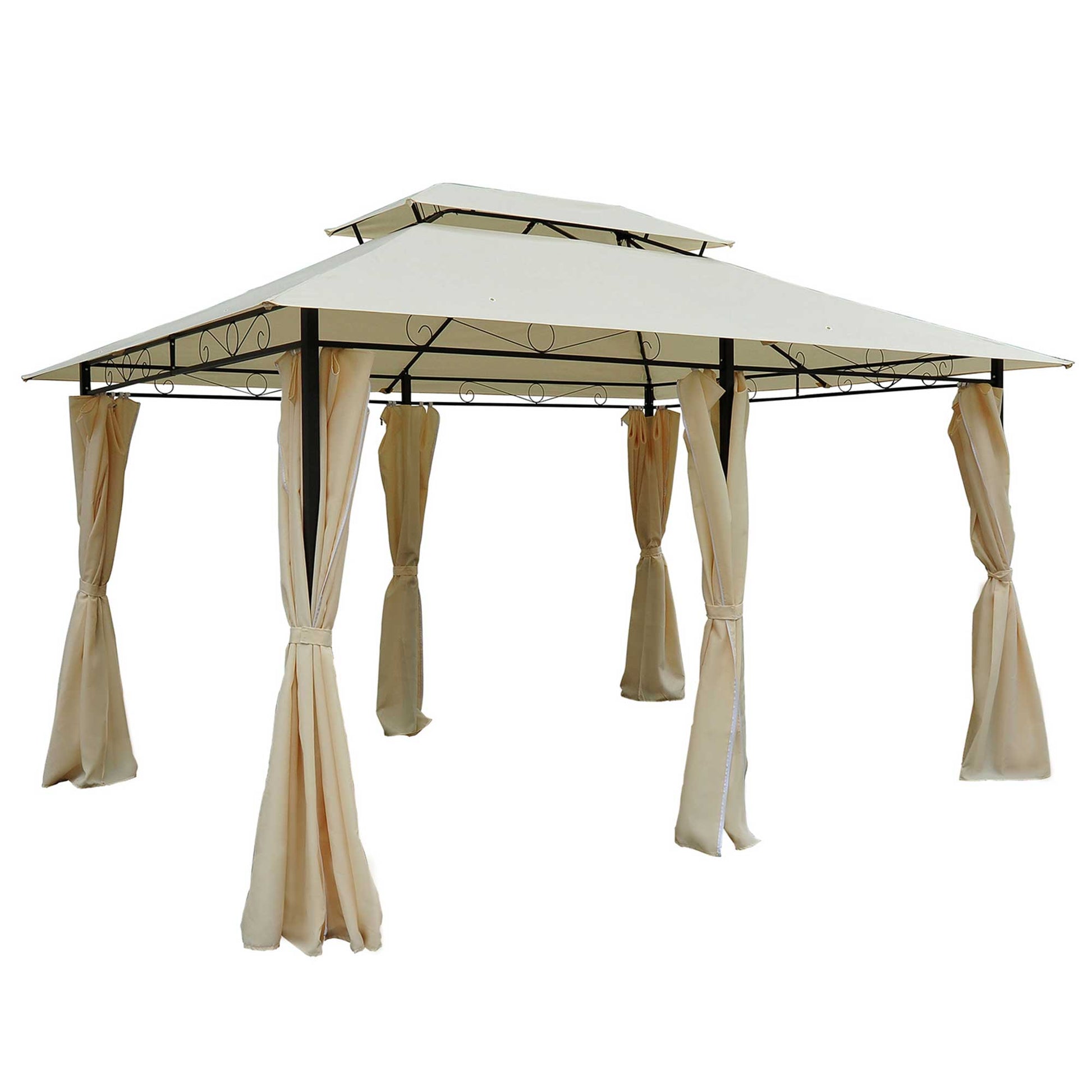 Outsunny 4m x 3(m) Metal Gazebo Canopy Party Tent Garden Pavillion Patio Shelter Pavilion with Curtains Sidewalls Beige