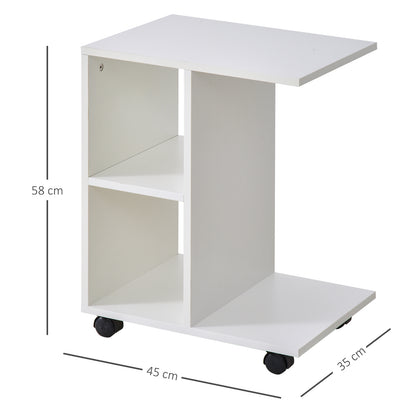 Homcom C Shape End Table Unique Storage Unit W 2 Shelves 4 Wheels Freestanding Home Office Furniture Cabinet Square Studio White