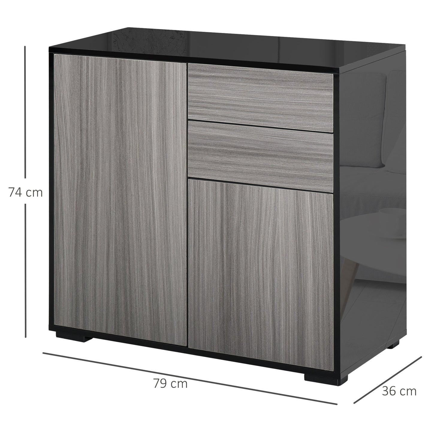 Homcom High Gloss Frame Sideboard Push-Open Design With 2 Drawer For Living Room Bedroom Light Grey And Black