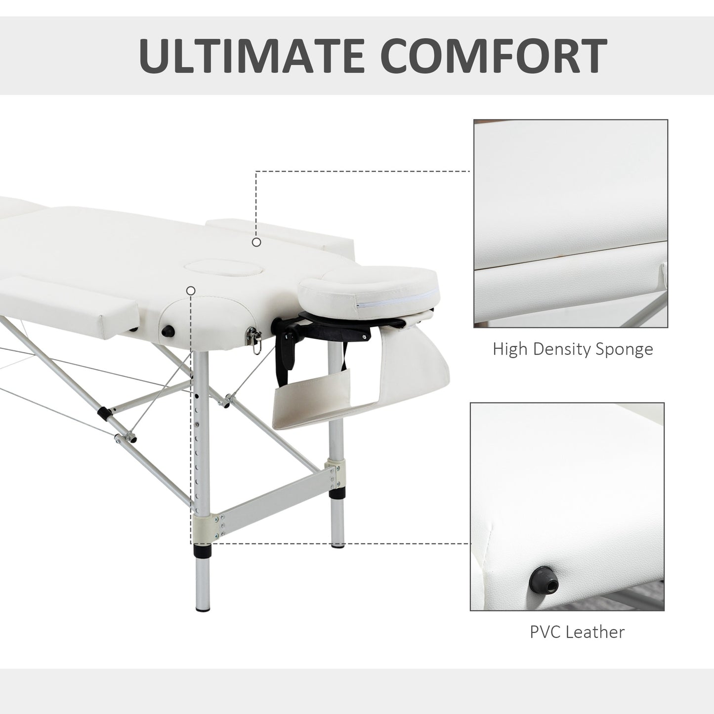 Homcom Folding PVC Leather Massage Table Aluminium Frame w/ Headrest Armrests Padding Handle Carry Bag Adjustable Height 3-Way Tri-Fold Salon Professional Bed Beauty White