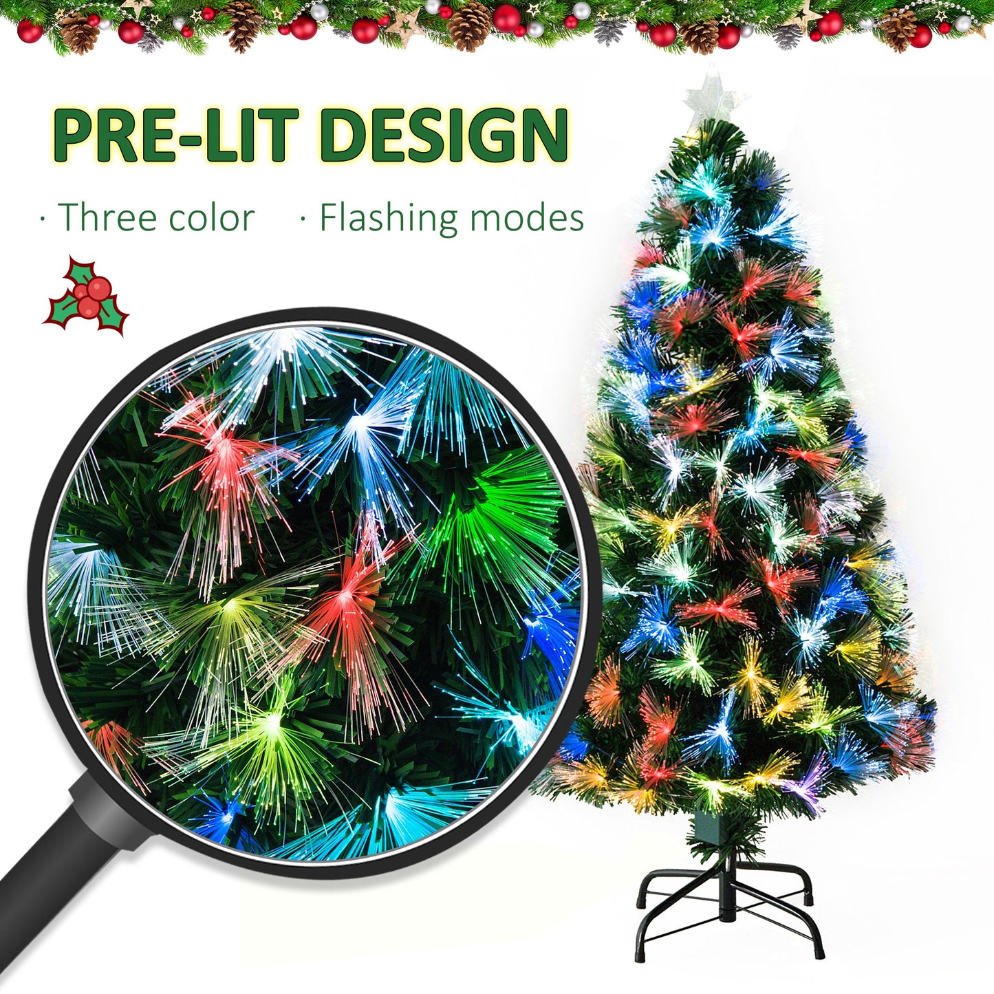 Homcom 5FT Tall Artificial Tree Fiber Optic Colorful LED Pre-Lit Holiday Home Christmas Decoration with Flash Mode