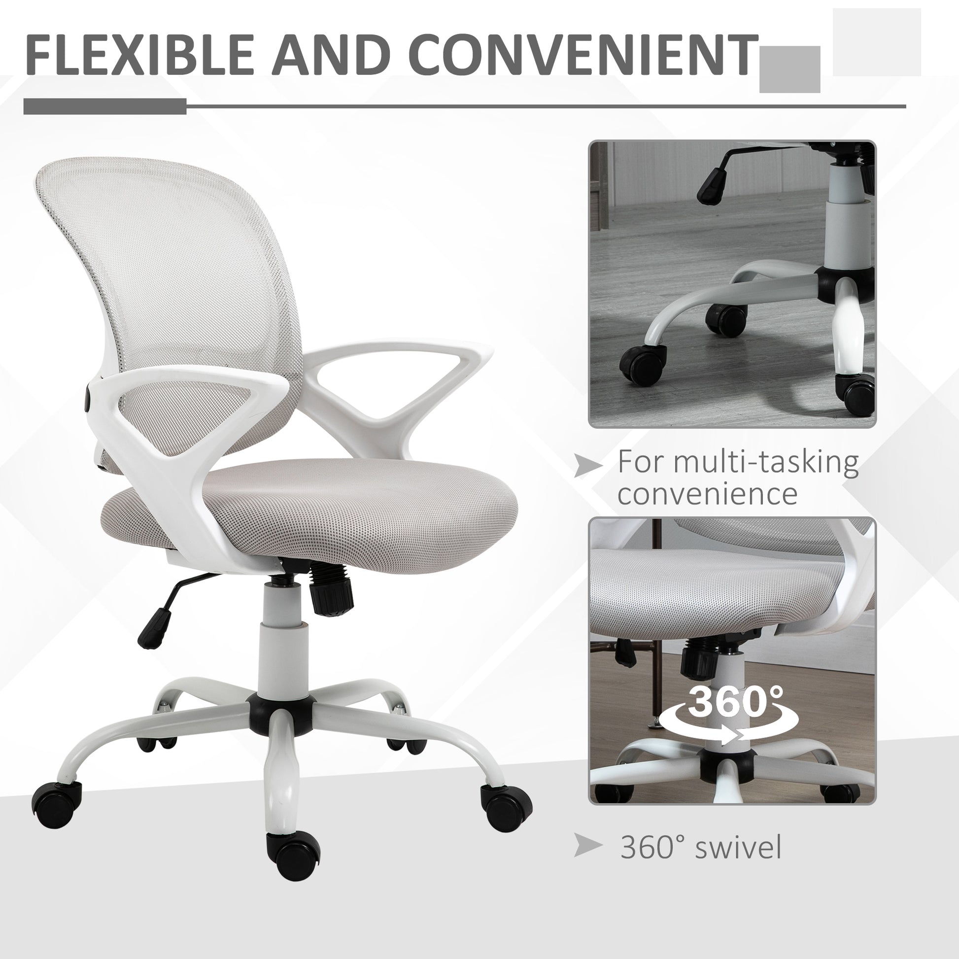 Vinsetto Office Chair Mesh Swivel Desk Chair With Lumbar Back Support Adjustable Height Armrests Grey