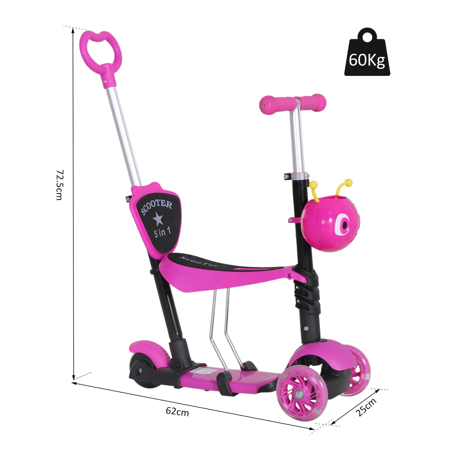 Homcom 5-in-1 Kids Kick Scooter W/Removable Seat-Pink