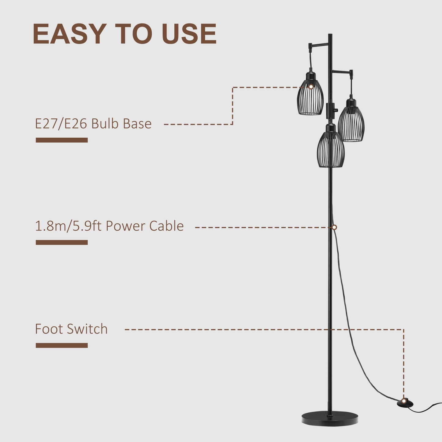 Homcom 170cm Industrial 3-Light Floor Lamp