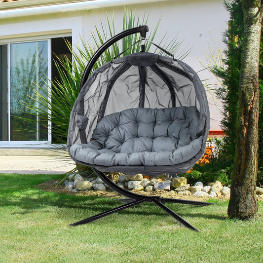 Outsunny Double Hanging Egg Chair 2 Seaters Texteline Swing Hammock Chair with Stand