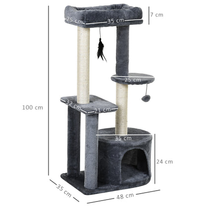 PawHut Cat Tree for Indoor Cats Kitten Tower w/ Perch House Scratching Post Platform Play Ball Plush Covering Play Rest Relax Grey White