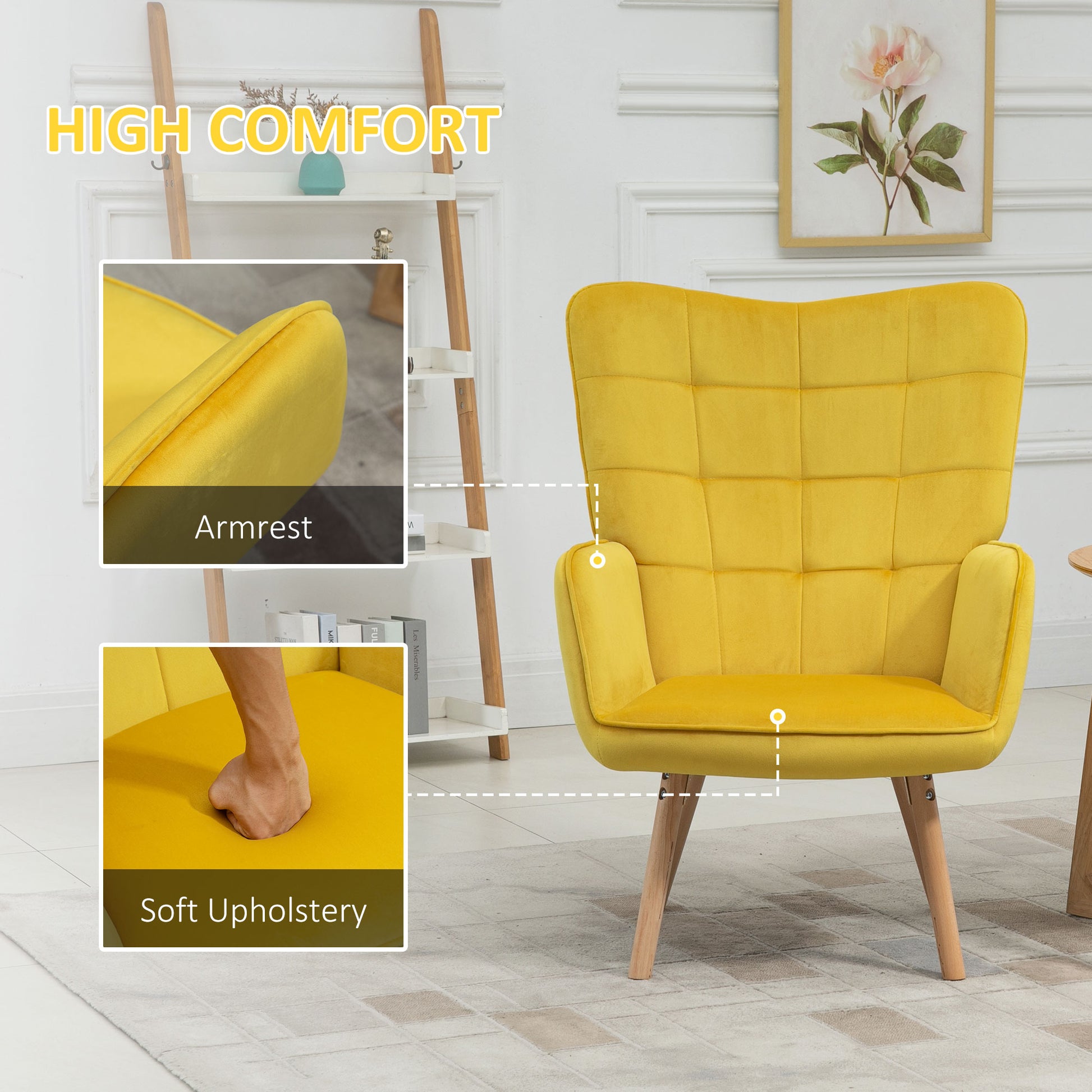 Homcom Accent Chair VelvetTufted Wingback Armchair Club Chair with Wood Legs Yellow