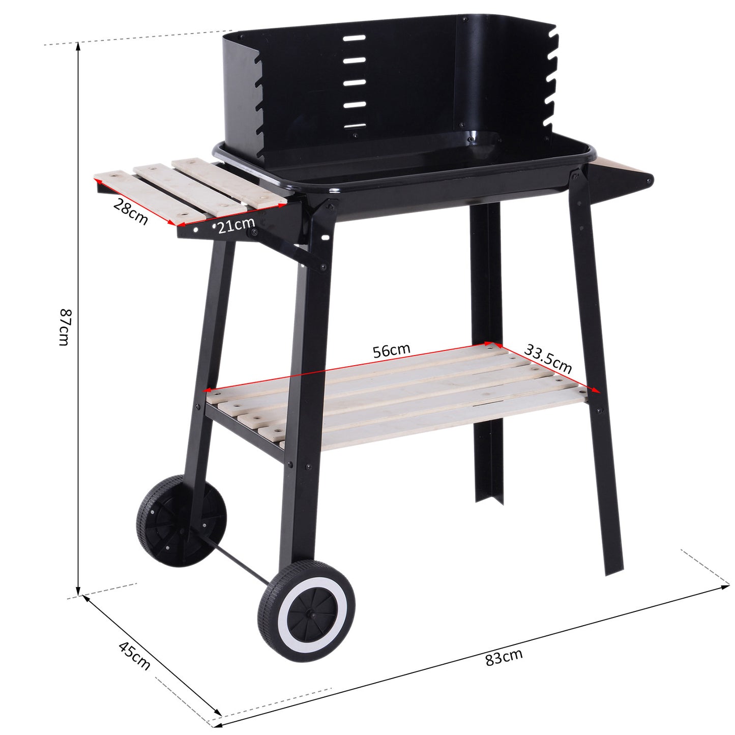 Outsunny Trolley Charcoal BBQ Barbecue Grill Outdoor Patio Garden Heating Smoker with Side Trays Storage Shelf and Wheels