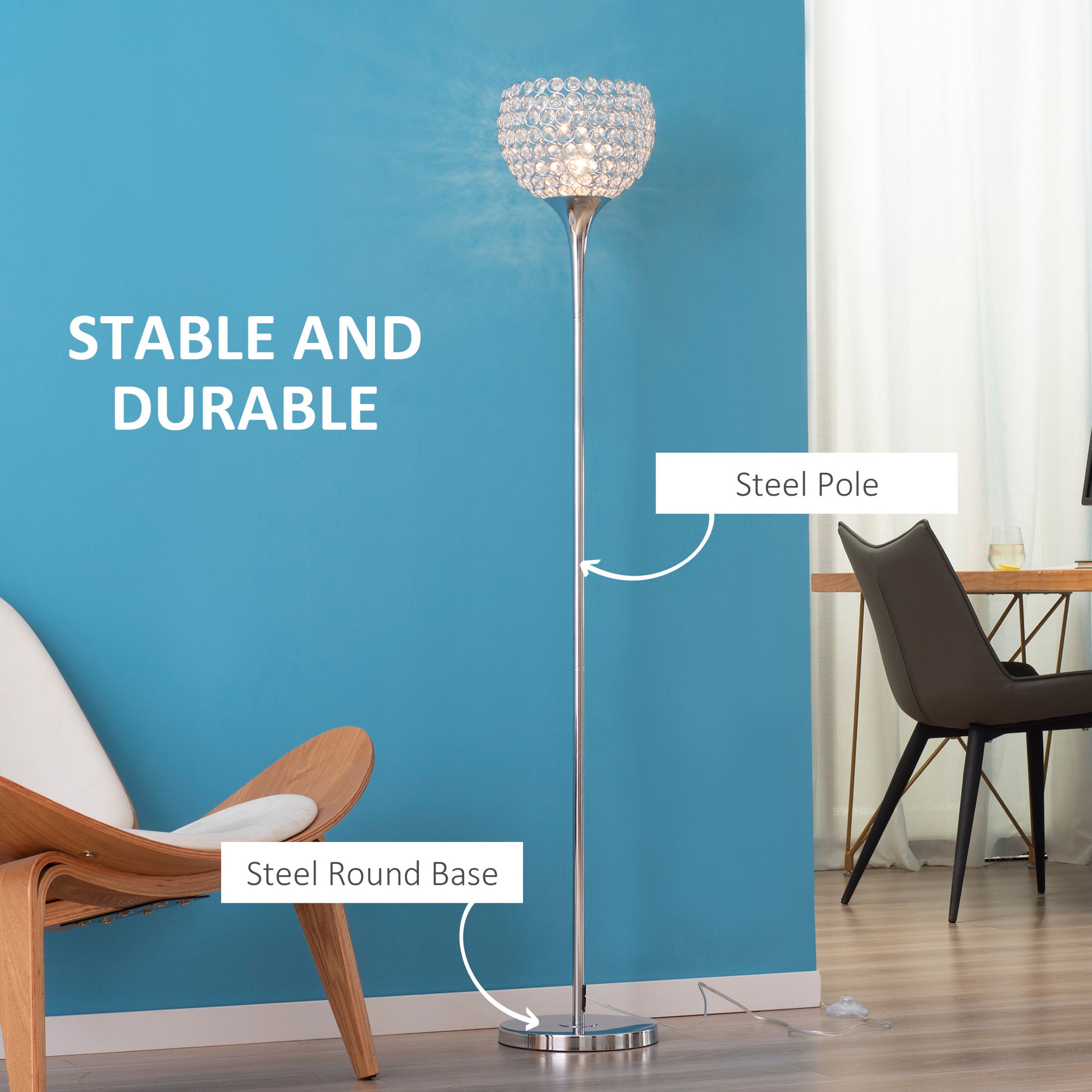 Homcom Modern Floor Lamp Tall Standing Lamp With K9 Crystal Shade For Living Room Silver