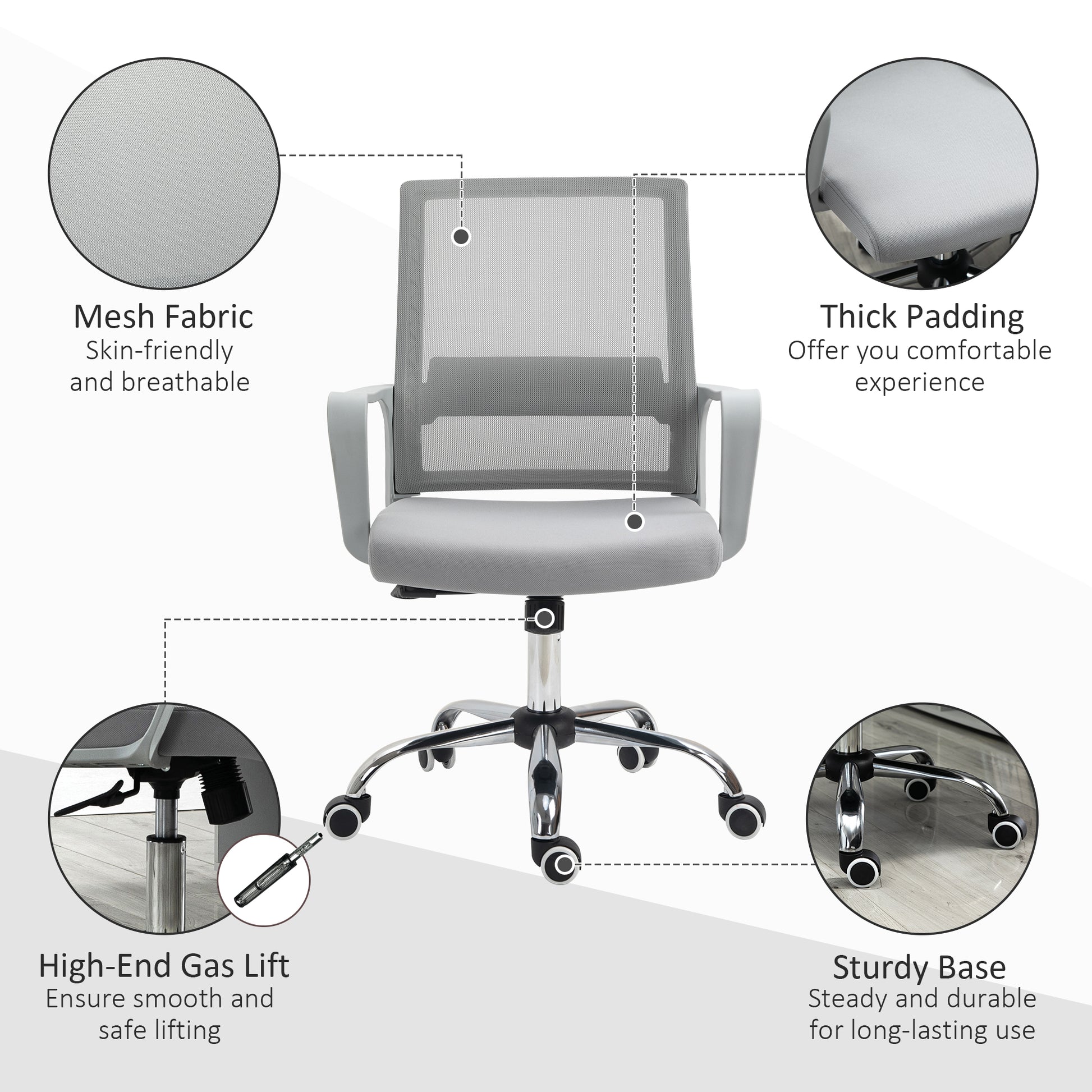 Vinsetto Ergonomic Desk Chair Mesh Office Chair with Adjustable Height Armrest and 360° Swivel Castor Wheels Grey