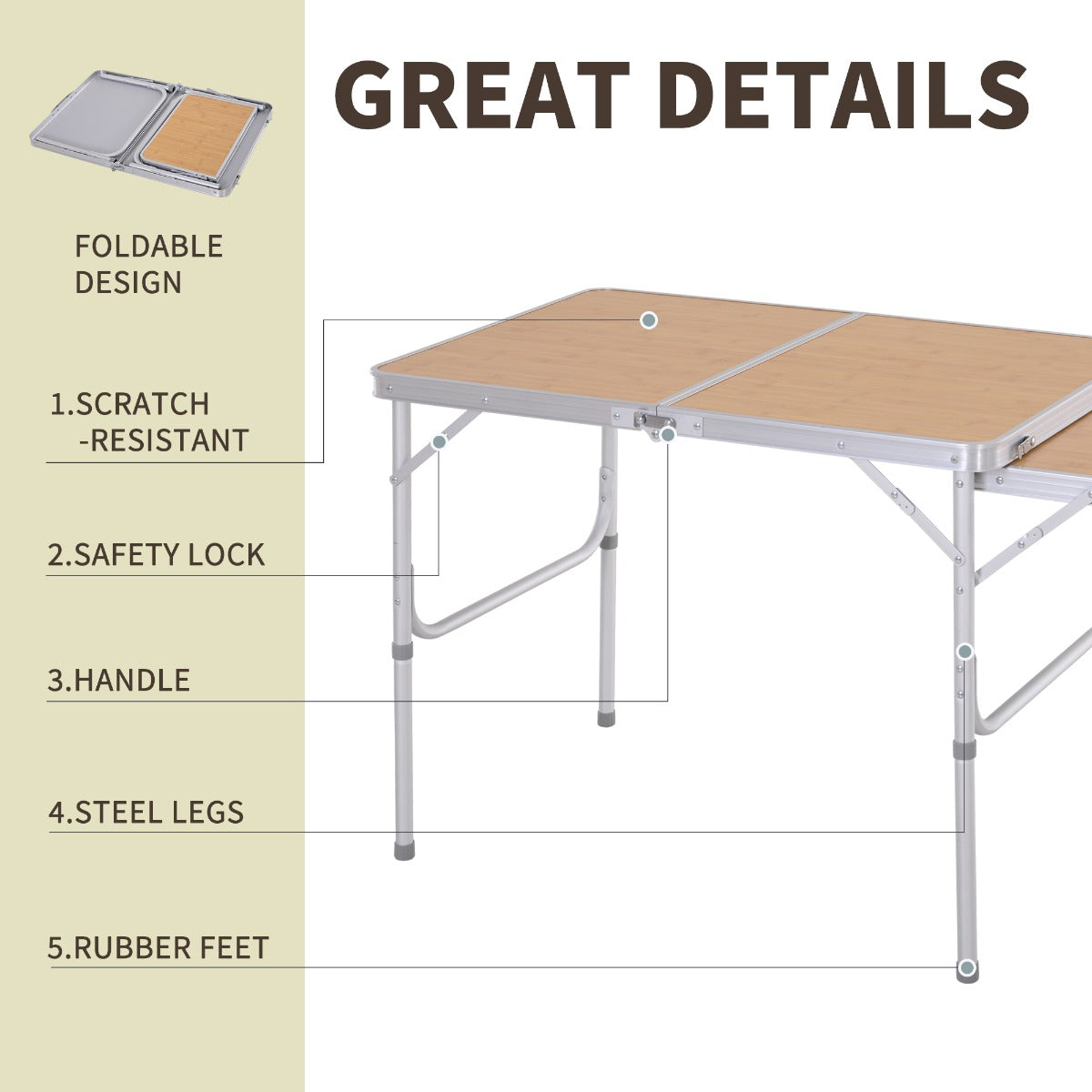 Outsunny 3ft Aluminium Medium-density fibreboard-Top Folding Picnic Table Portable Camping Table