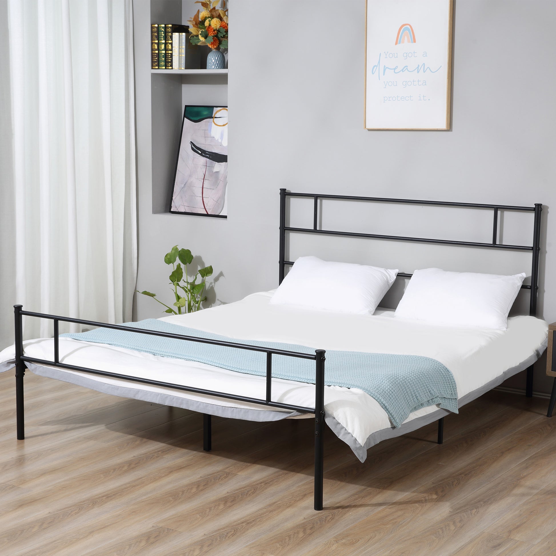 Homcom Double Metal Bed Frame Solid Bedstead Base with Headboard and Footboard