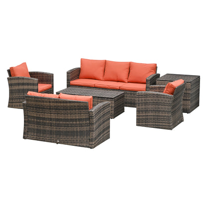 Outsunny 6 Piece Outdoor Rattan Wicker Sofa Set Sectional Patio Conversation Furniture Set w/ Storage Table & Cushion Mixed Brown