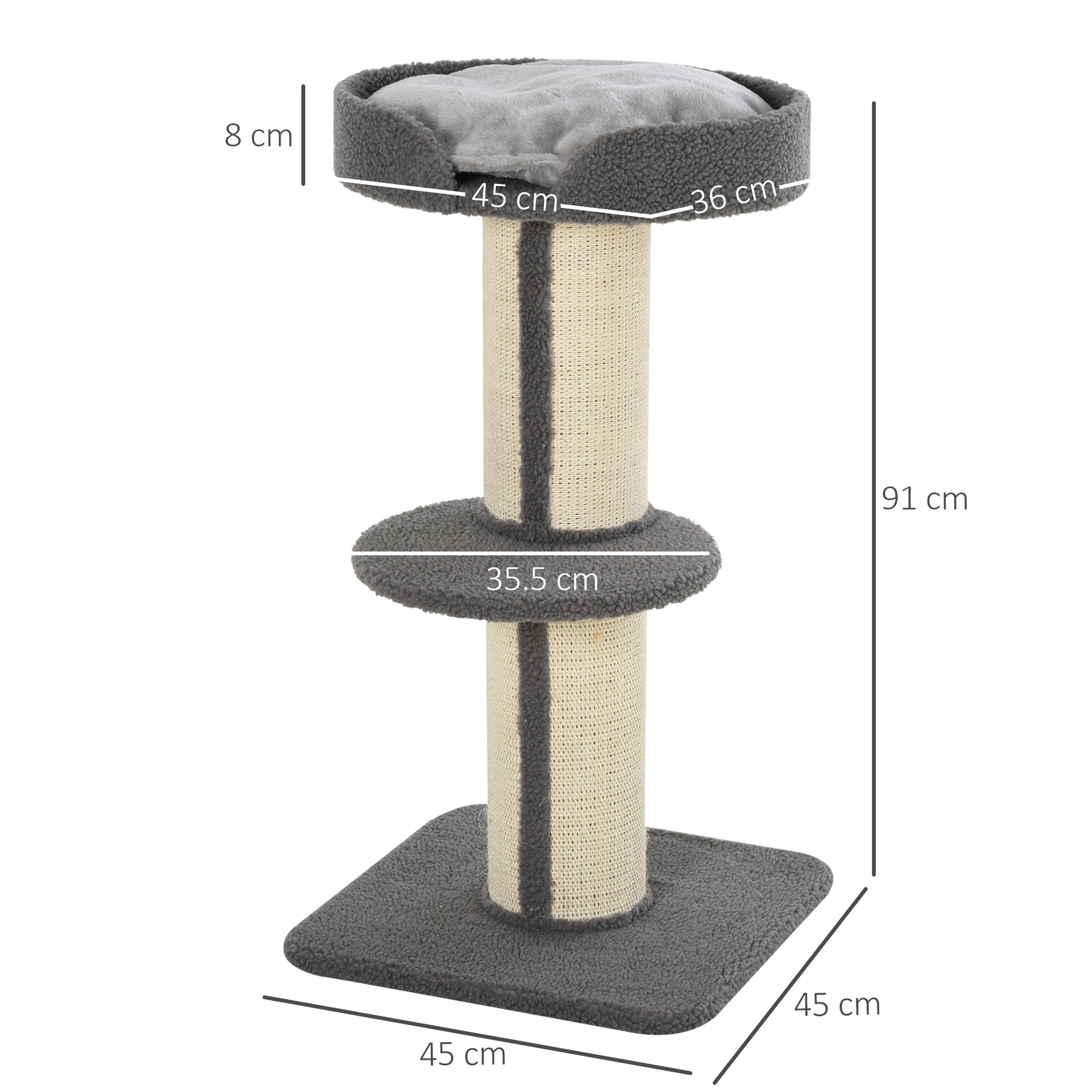 PawHut Cats 2-Tier Scratching Tree w/ Bed Grey