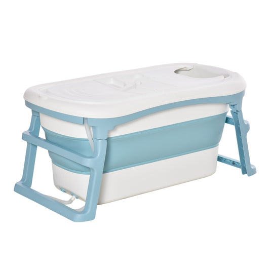 Homcom Folding Baby Bath Tub for Toddlers Kids Portable with Non-Slip Pads Top Cover for 1-12 Years Blue