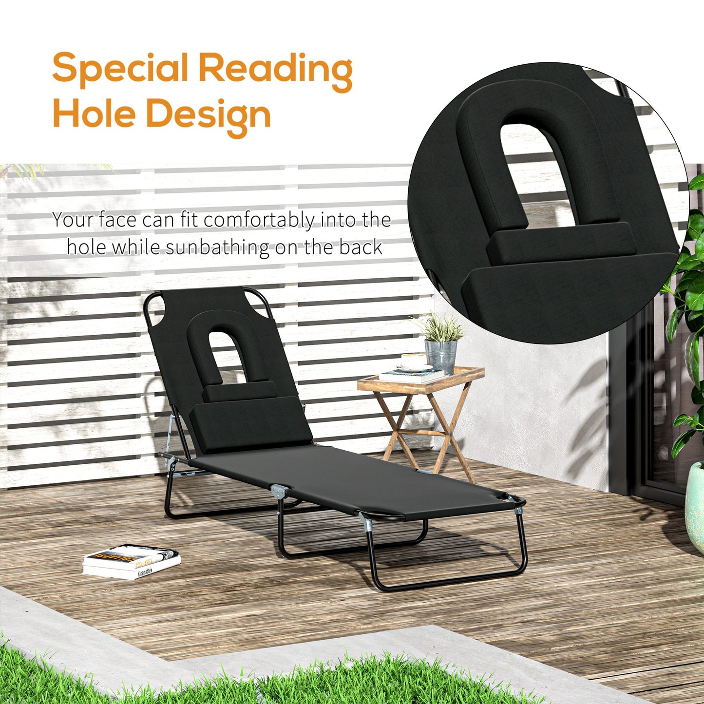 Outsunny Sun Lounger Foldable Reclining Chair with Pillow and Reading Hole Garden Beach Outdoor Recliner Adjustable Black