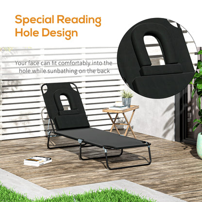 Outsunny Sun Lounger Foldable Reclining Chair with Pillow and Reading Hole Garden Beach Outdoor Recliner Adjustable Black