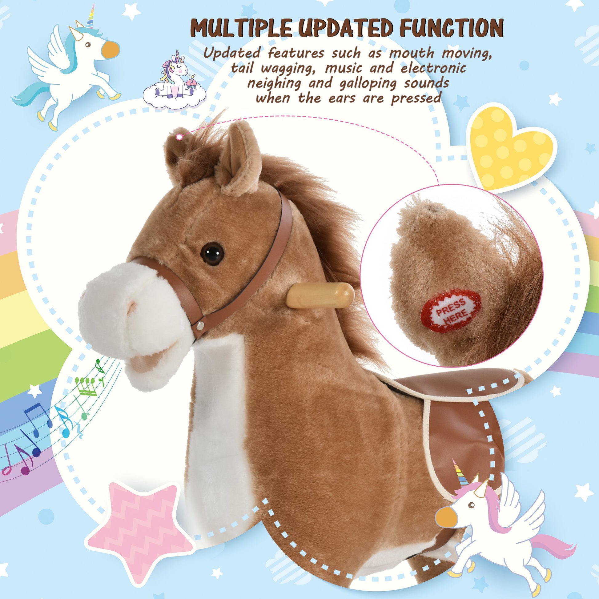 Homcom Kids Ride On Plush Rocking Horse With Sound Brown