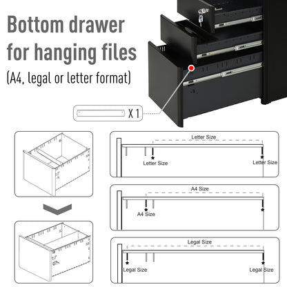 Vinsetto Fully Assembled 3 Drawer Steel Metal Filing Cabinet Lockable Rolling Vertical File Cabinet Black