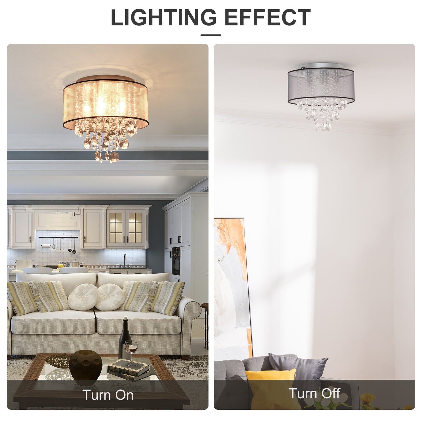 Homcom Modern Crystal Chandelier Flush Mount Ceiling Light with Drum Shade for Living Room Bedroom Dining Room Silver