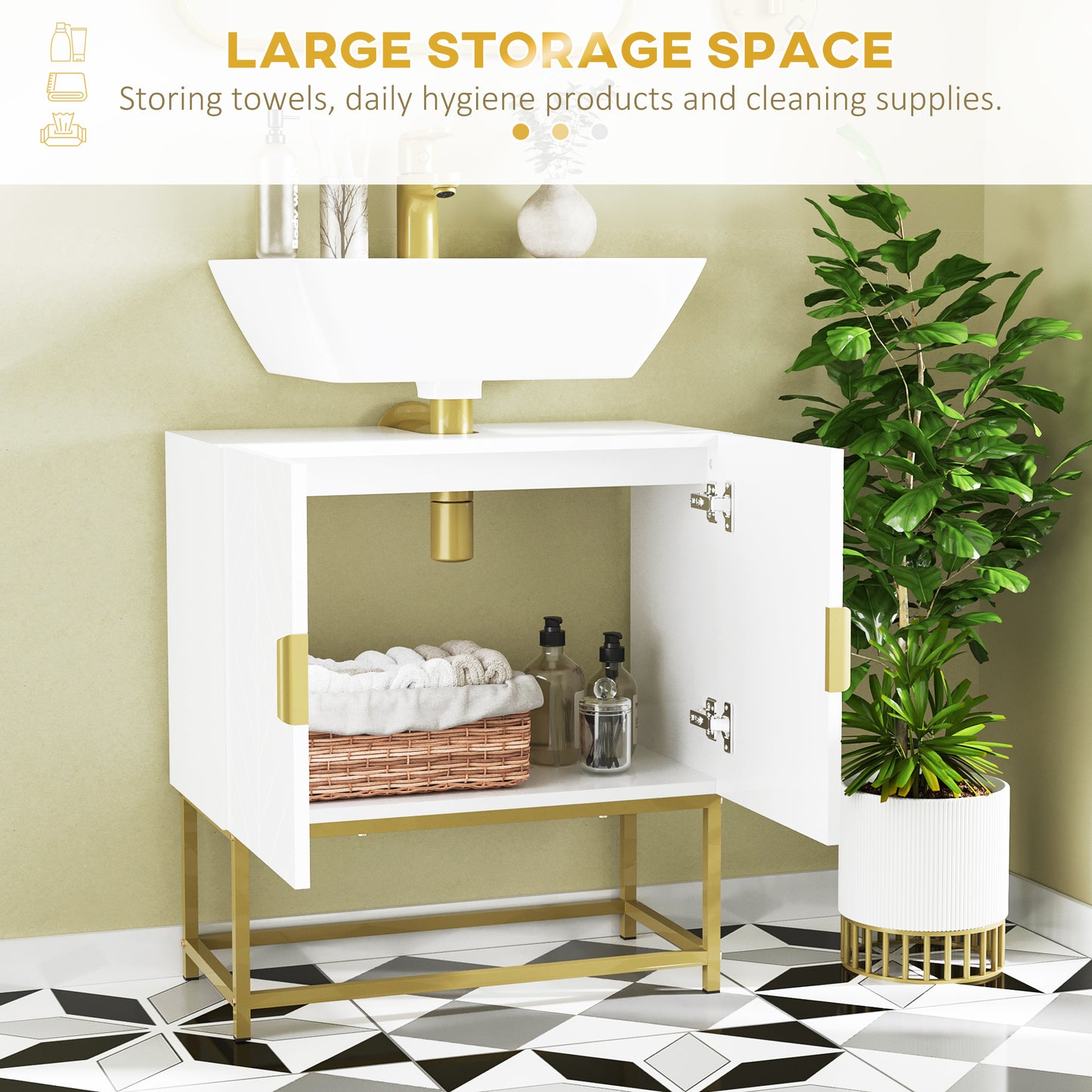 kleankin Bathroom Mirror Cabinet Under Sink Storage Cabinet Basin Cupboard with 2 Doors and Gold Steel Legs