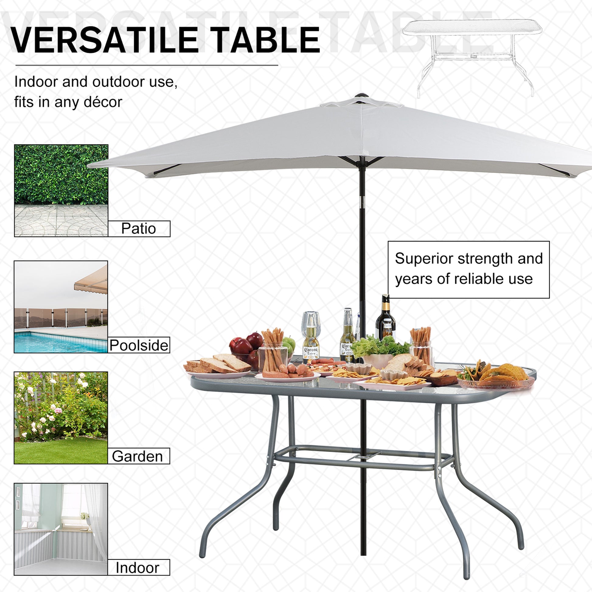 Outsunny Aquatex Glass Garden Table Curved Metal Frame Parasol Hole 4 Legs Outdoor Grey