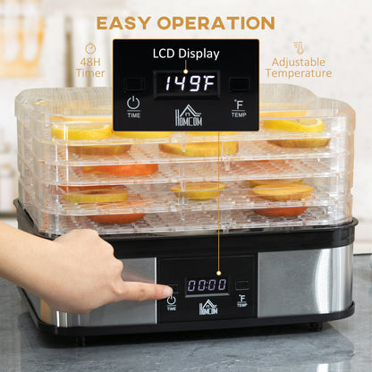 245W 5Kg Five Tray Food Dehydrator With Timer Silver by Homcom