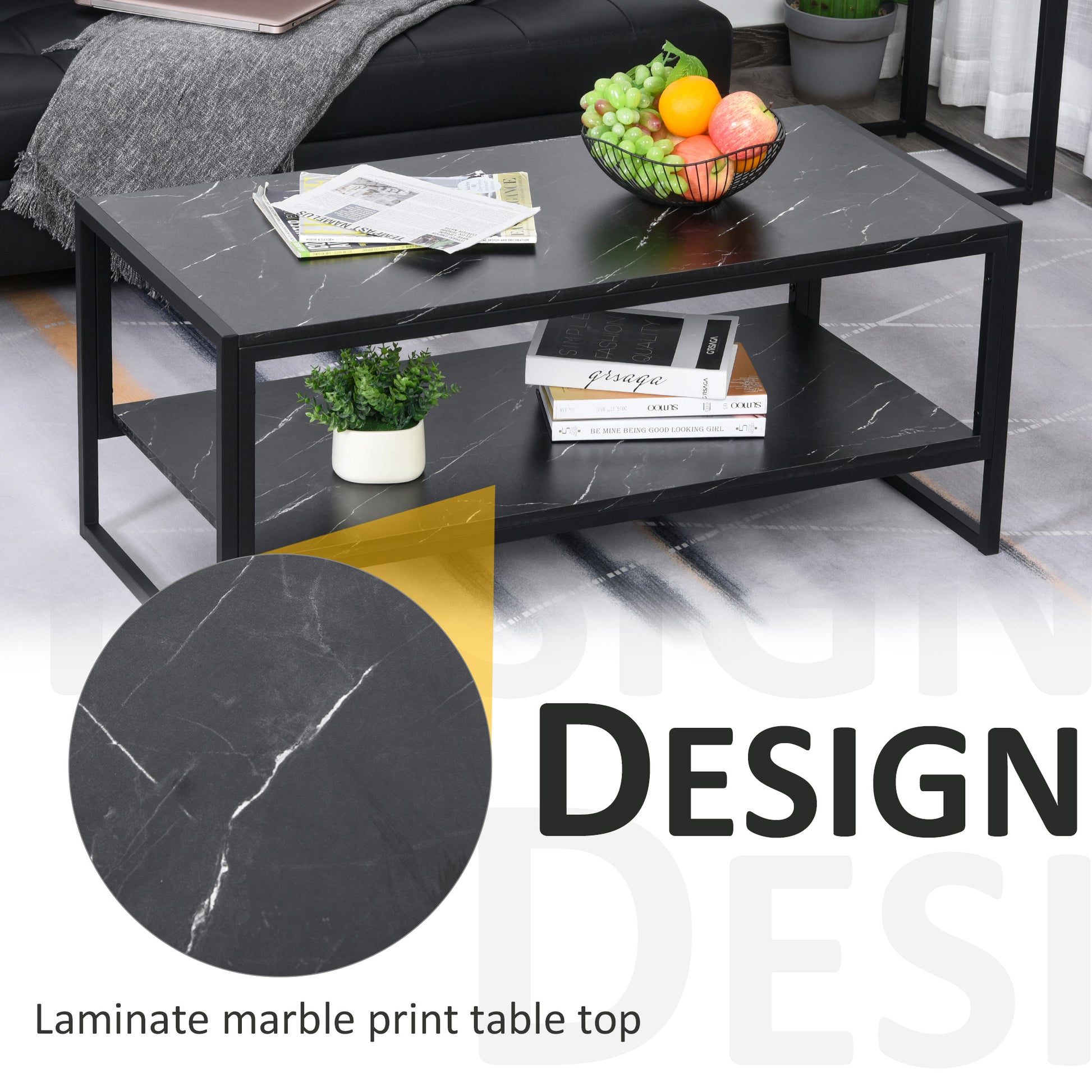 Homcom Two-Tier Laminate Marble Print Table Top Coffee Table w/ Metal Frame Foot Pads Elegant Modern Style 2 Shelves Home Display Storage Unit Living Room