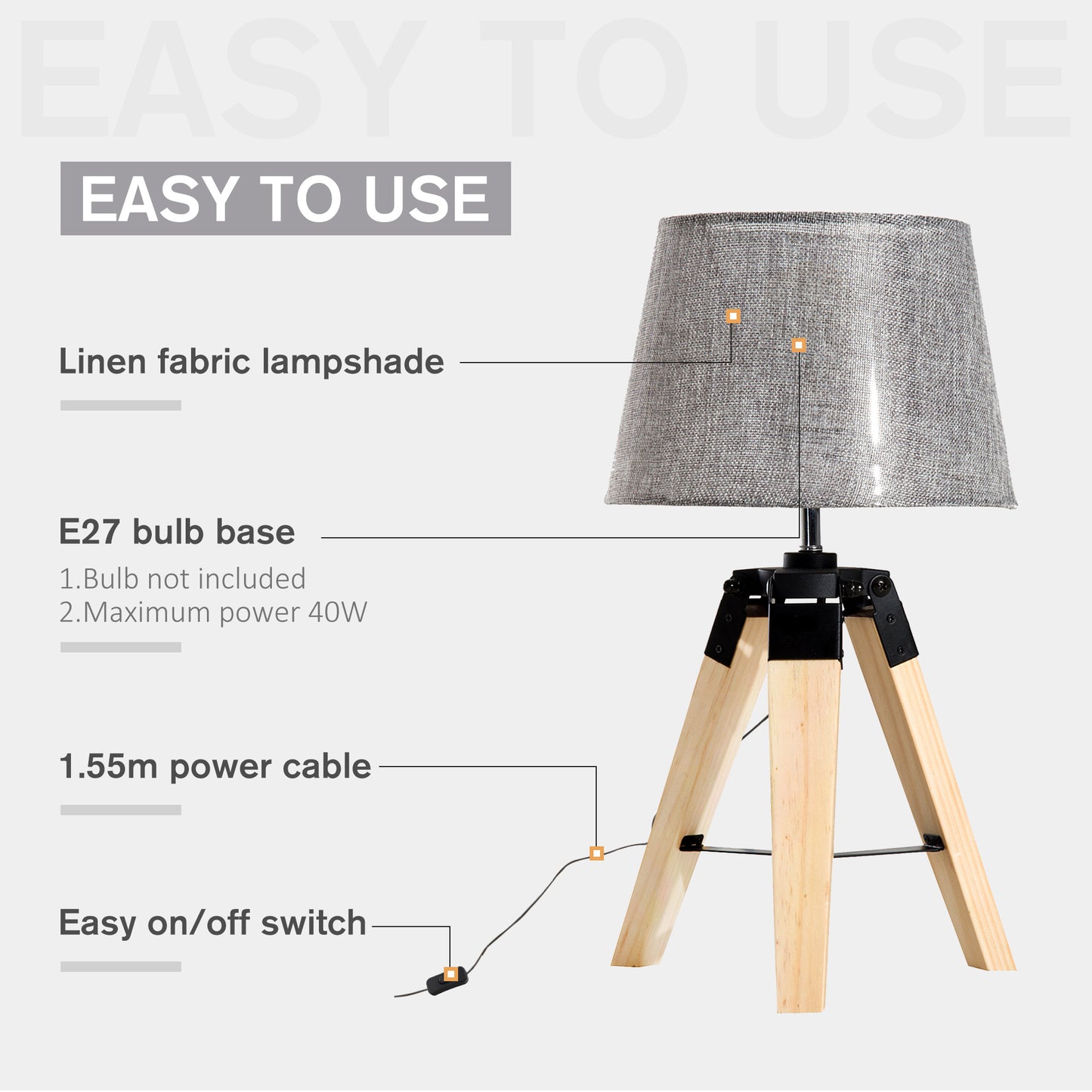 Homcom Wooden Tripod Table Lamp for Side