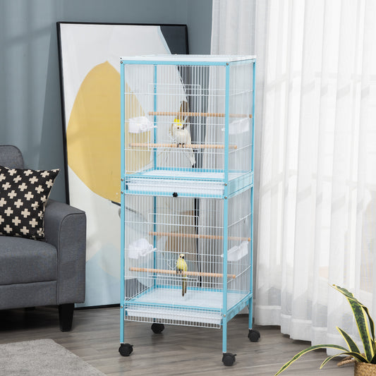 Double 140cm Bird Cage Wheeled Blue & White by Pawhut