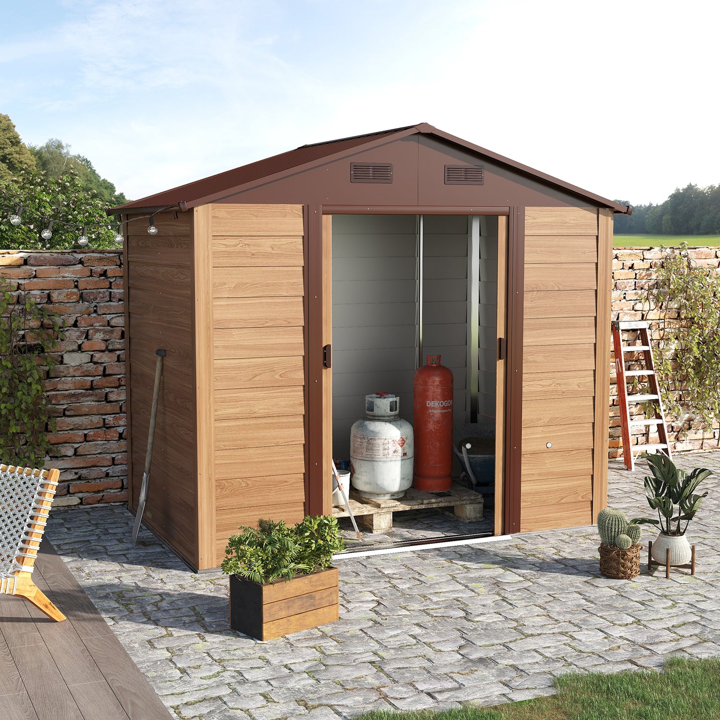 Moderna 7.7 x 64' Double Door Apex Garden Shed With Ventilation Steel & Polypropylene Light Brown by Steadfast