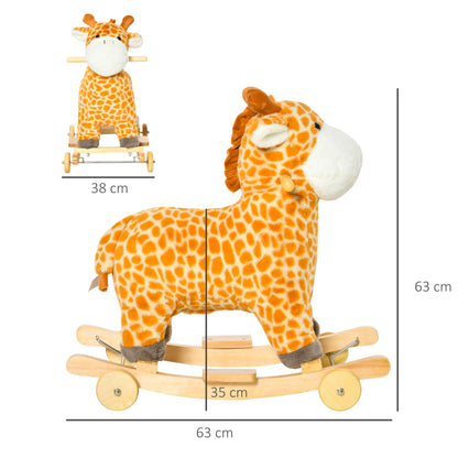 Homcom 2 In 1 Kids Todder Rocking Horse Plush Ride On Giraffe Rocker with Wheels Wooden Base Animal Sounds for 36-72 Months