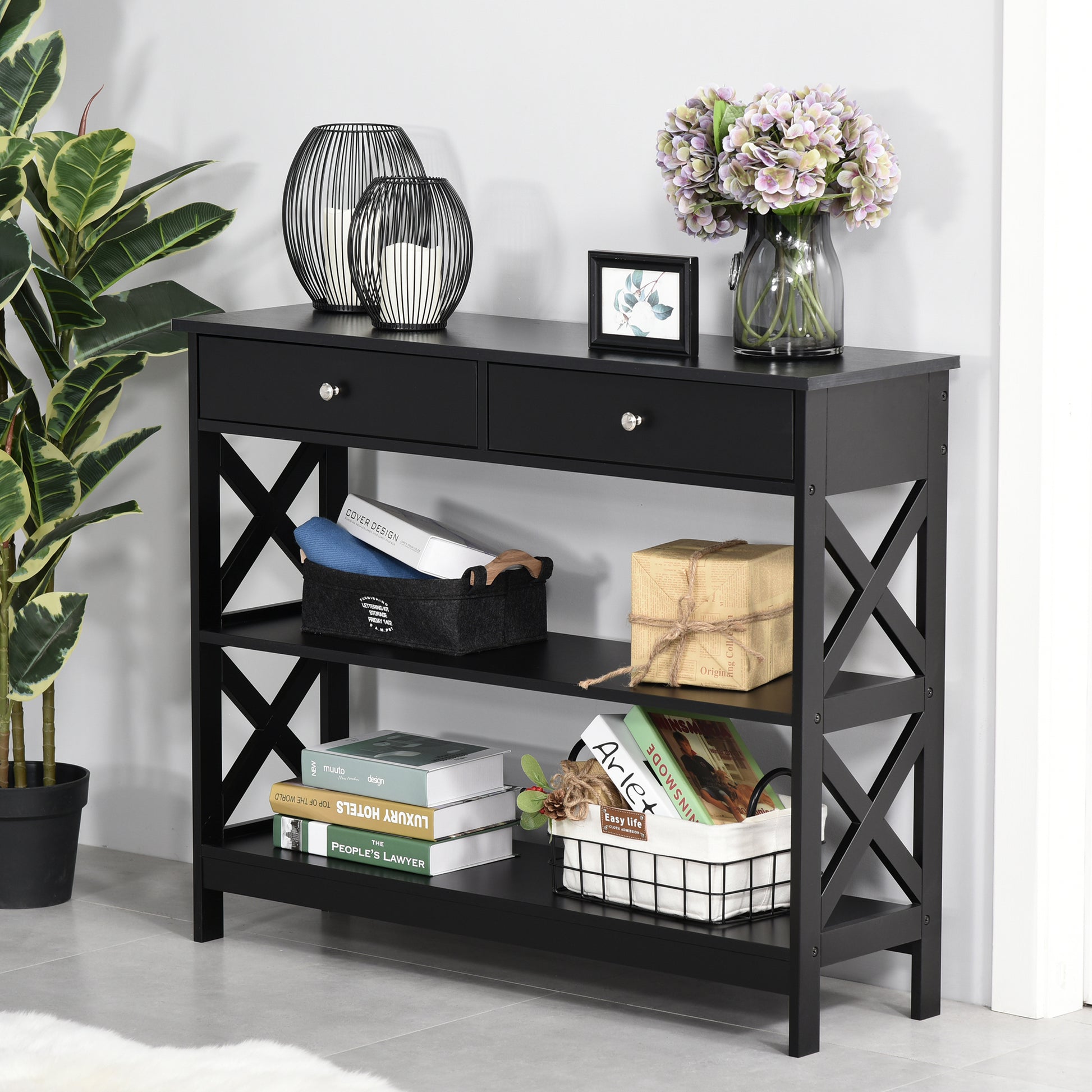 Homcom Console Table Side Desk w/ Shelves Drawers Open Top X Support Frame Living Room Hallway Home Office Furniture Black