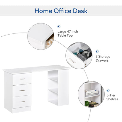 Homcom 120cm Computer Desk Writing Table Pc Workstation Study Laptop Stationery With 3 Shelf & Drawers White