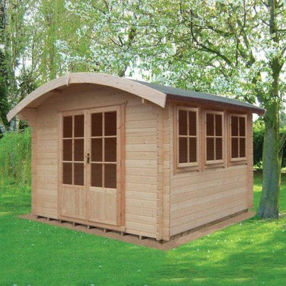 Shire Kilburn 9' 9" x 11' 9" Curved Log Cabin - Premium 44mm Cladding Tongue & Groove