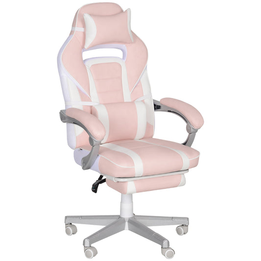 Faux Leather Reclining Gaming Chair, with Footrest - Pink/White-0