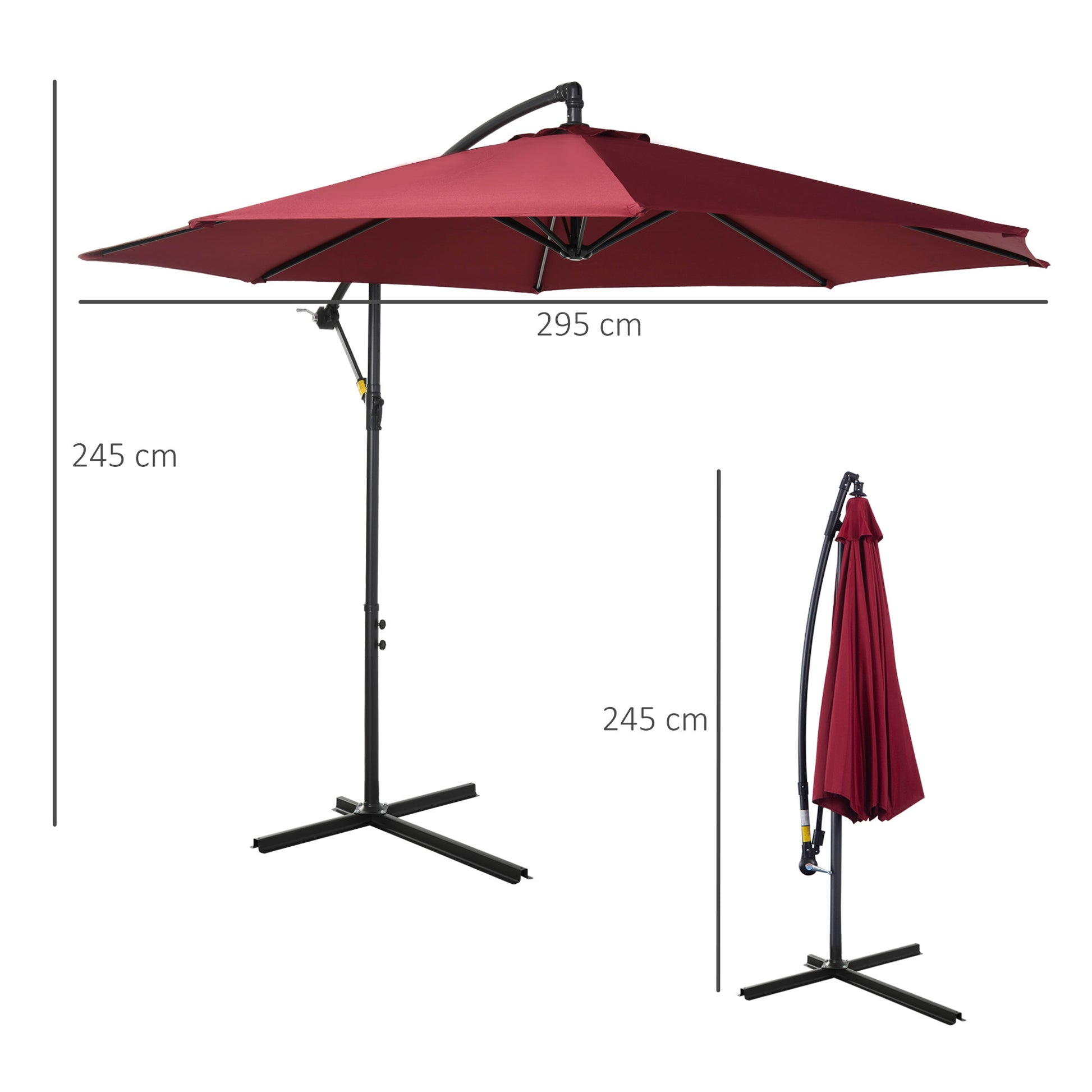 Outsunny Cantilever Umbrella Parasol Hanging Banana Steel Dark Green 3M Patio Wine Red