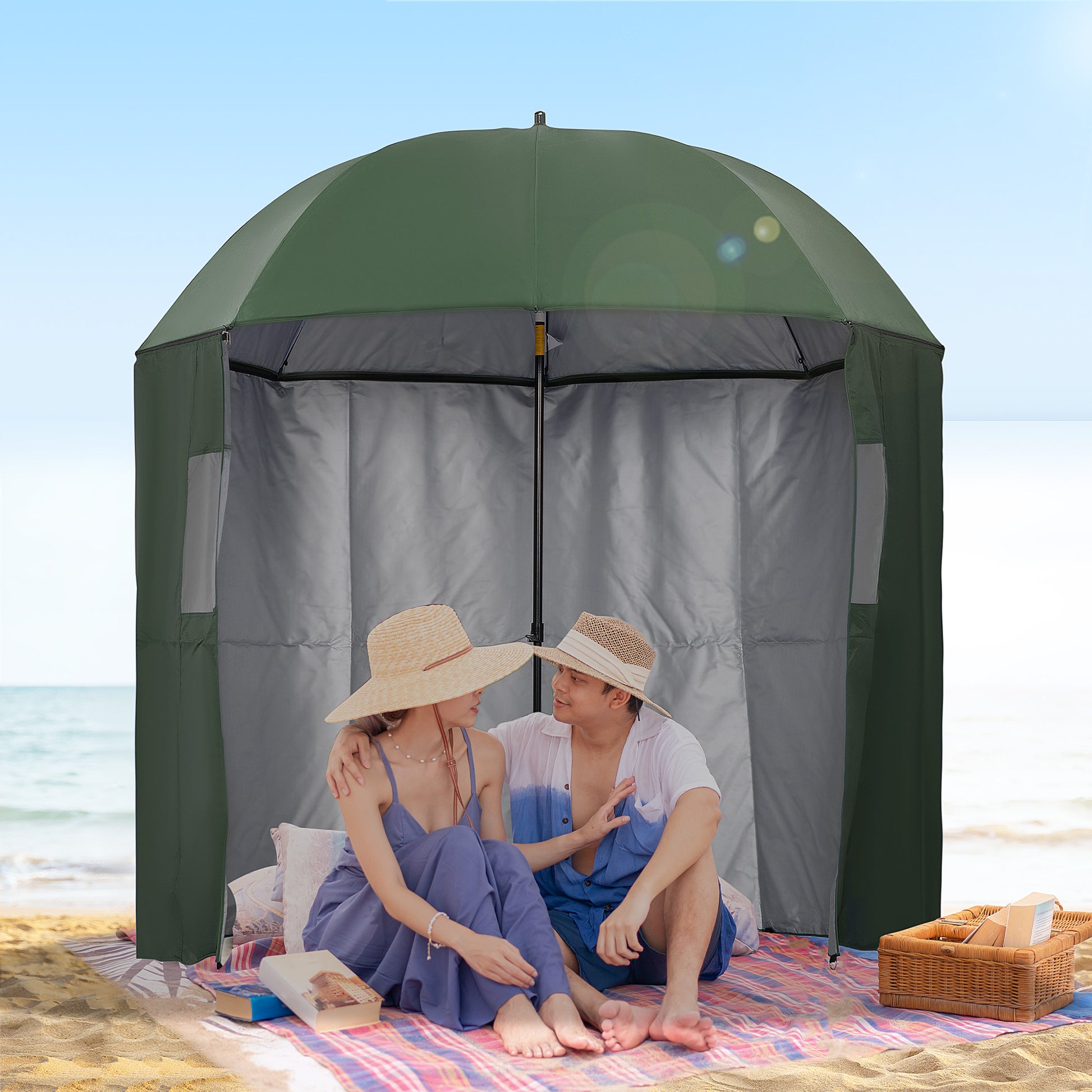 Outsunny 2M Beach Parasol Fishing Umbrella Brolly With Sides And Push Botton Tilt Sun Shade Shelter With Carry Bag