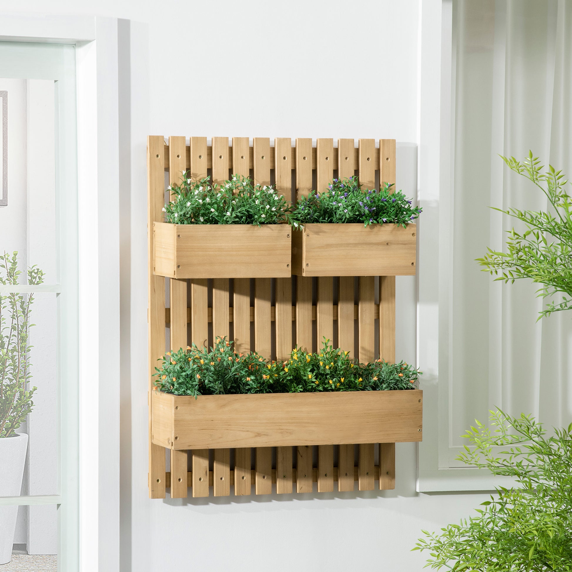 Outsunny Wall-mounted Wooden Garden Planters with Trellis