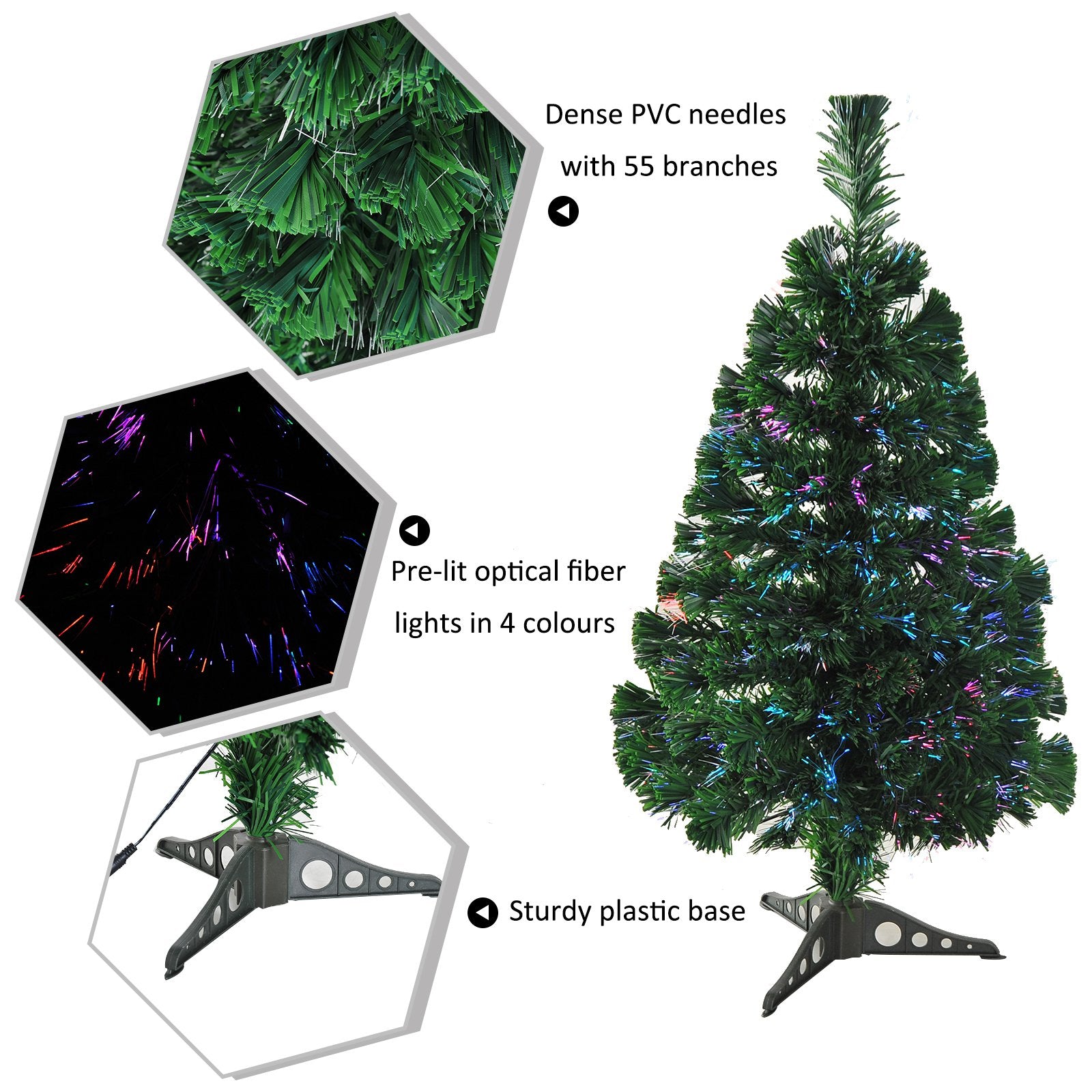 Homcom 2FT Small Pre-Lit Fiber Optic Christmas Tree Artificial Spruce Tree Green