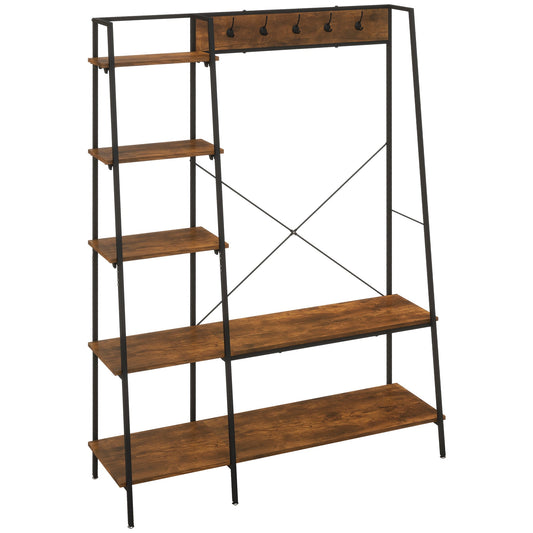 Hallway Unit, Free Standing Hall Tree w/ 2 Tier Shoe Rack, 5 Hooks, 5 Side Shelves & Steel Frame, Industrial Design, Brown, 117 x 38 x 169cm-0