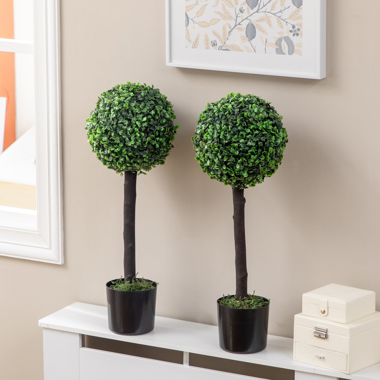 Homcom Set of 2 Artificial Plants Boxwood Ball Trees in Pot Fake Plants for Home Indoor Outdoor Decor