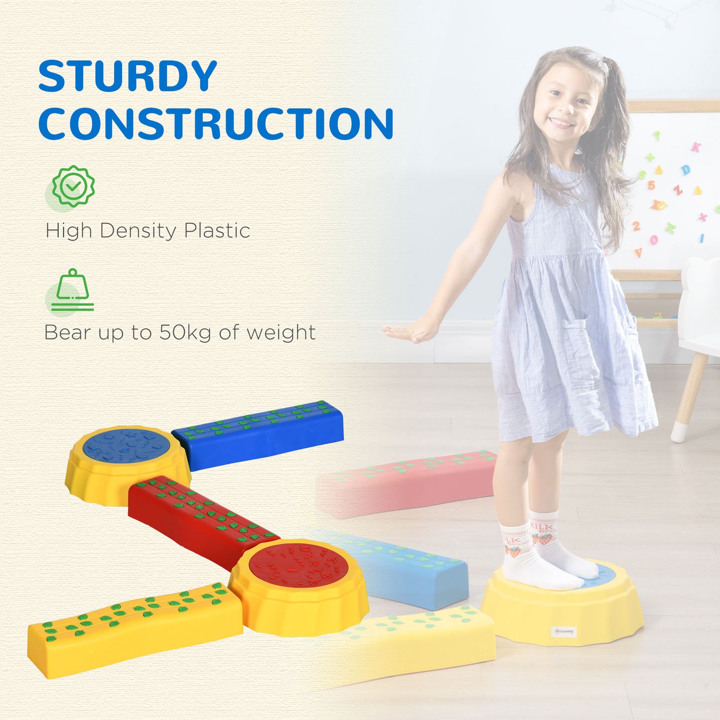 Outsunny Five-Piece Kids Stepping Stones and Balance Bridge w/ Non-Slip Surface & Bottom. for Toddlers - Multicoloured