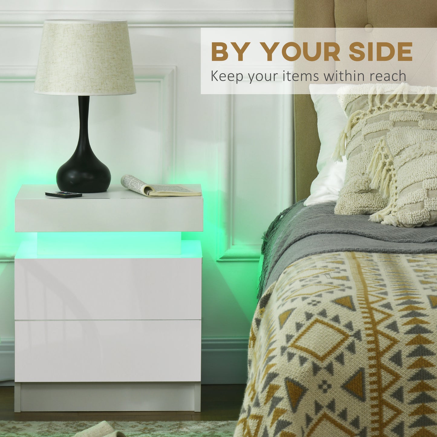 Homcom White Bedside Table with LED Light