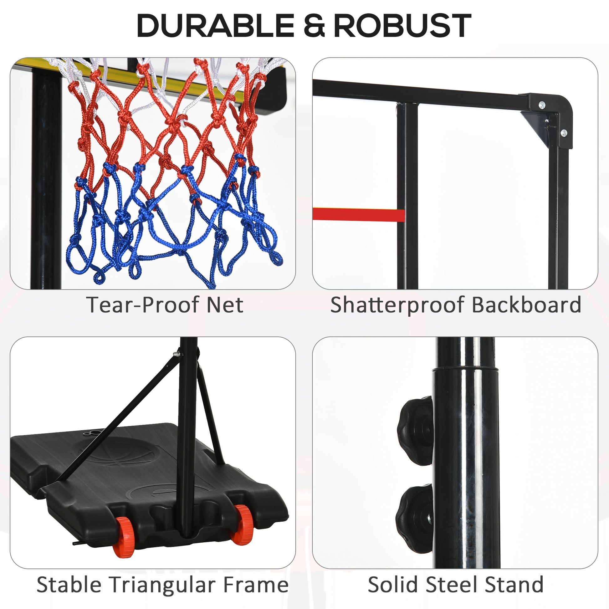 1.7 to 2M Adjustable Free Standing Basketball Hoop Weighted Base With Transit Wheels Black & Red by Sportnow